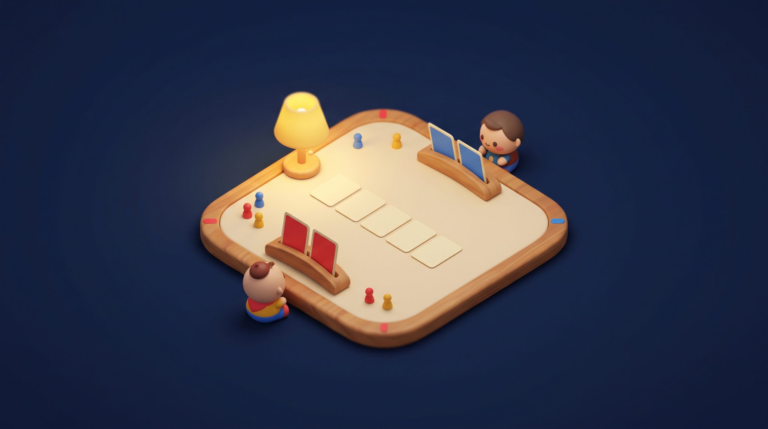 Mesa de Texas Holdem con cinco cartas compartidas boca abajo y dos atriles de cartas