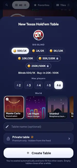 Creando una mesa de Texas Hold’em: ciegas, asientos y el mundo donde jugar