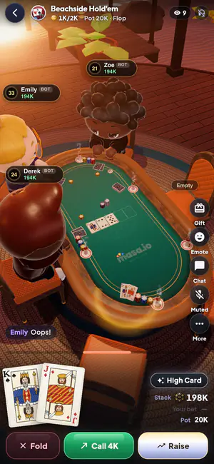 Tu asiento en la mesa de póker con tus cartas y los botones Retirarse, Igualar y Subir