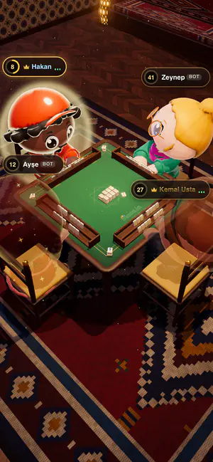 Cuatro avatares jugando Okey en el café de Estambul
