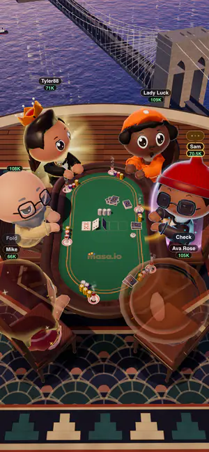 Masa en un teléfono: avatares 3D adorables jugando Texas Hold’em en una azotea de Nueva York